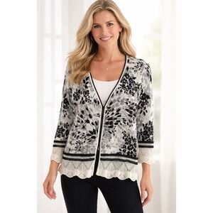 Peck & Peck Collection Linen Blend Floral Cardigan Crochet Lace Trim Black White
